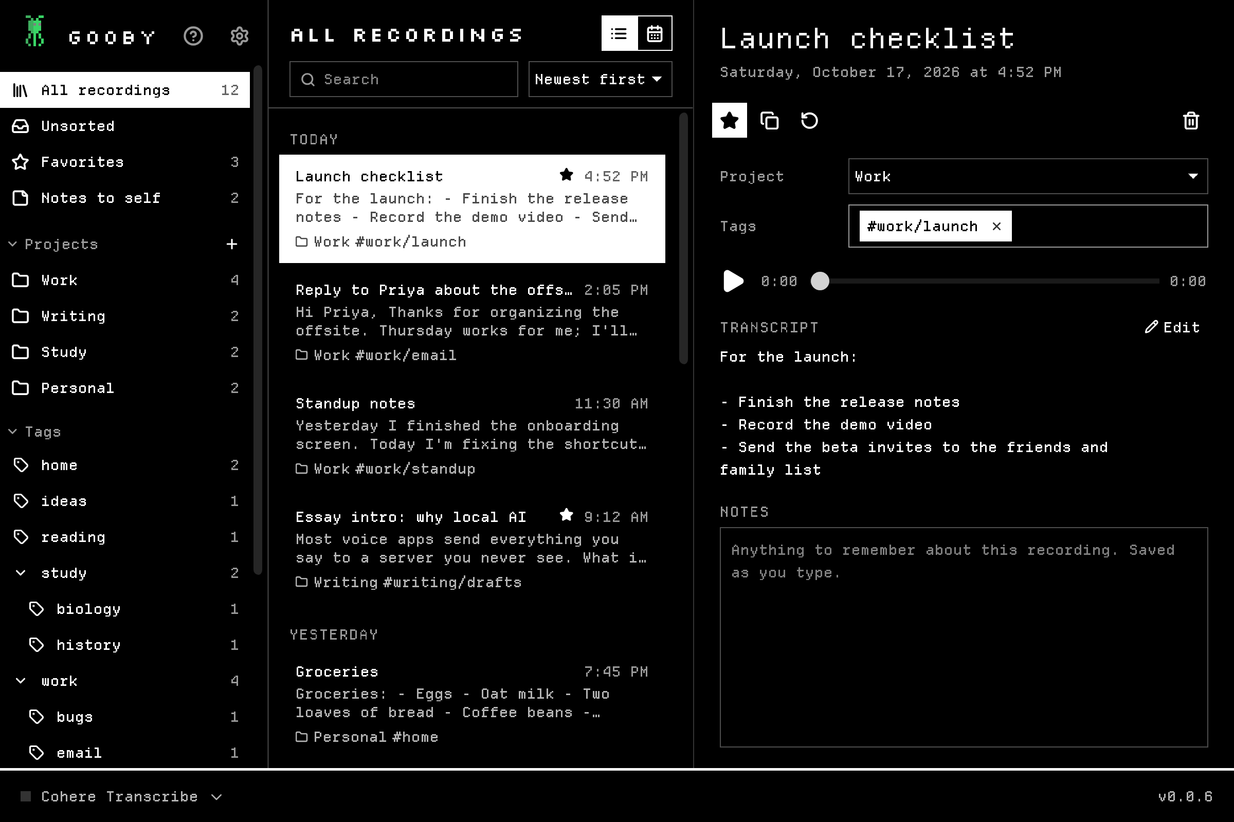 Gooby's Library with recordings sorted into projects