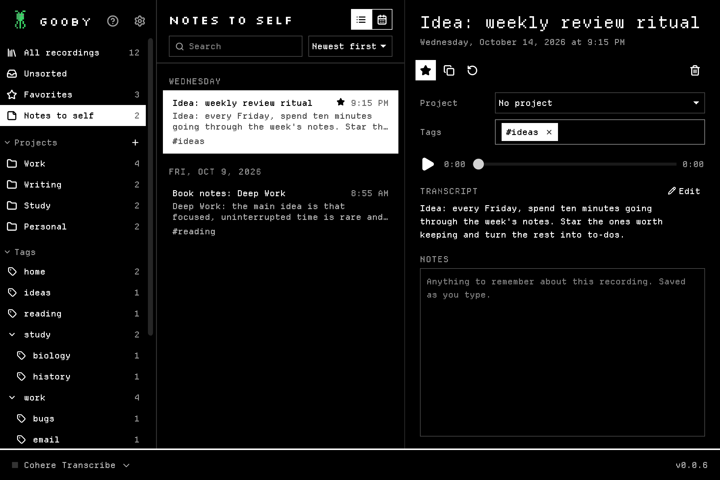 The Notes to self list in Gooby's Library
