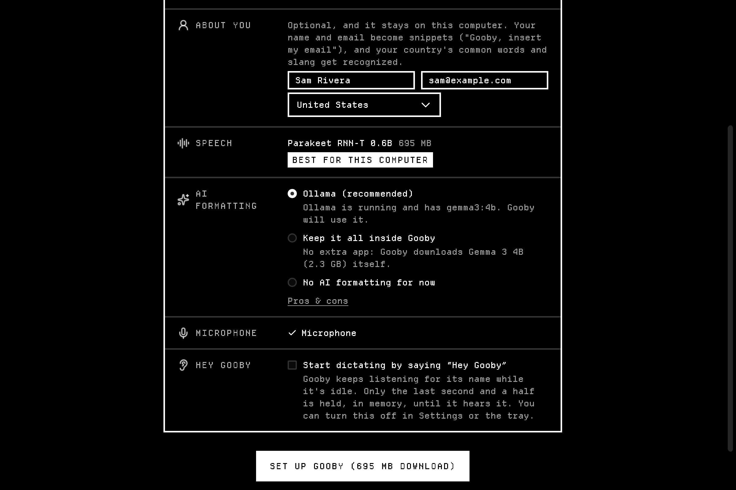 Gooby's one-click setup screen
