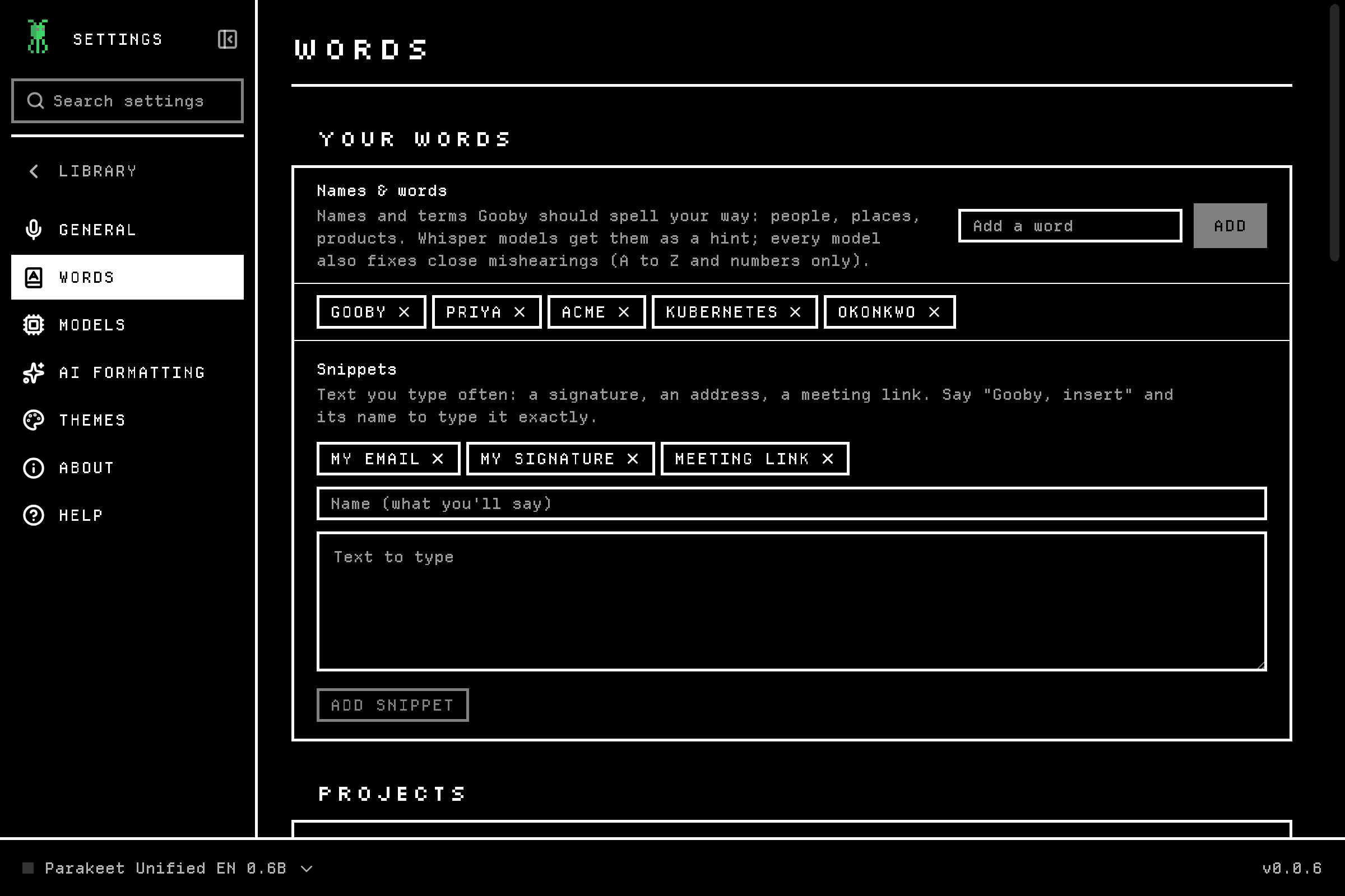 The Your words list with custom names and terms